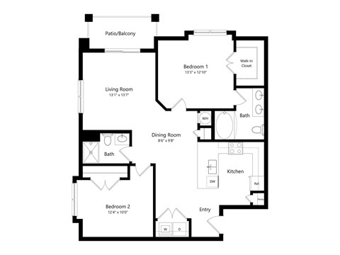 A floor plan of a house with a living room, two bedrooms, a dining room, a kitchen, a bathroom, and a walk-in closet.